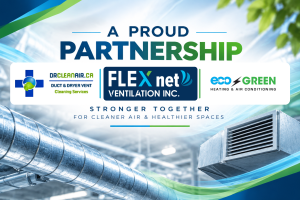 Partnership announcement banner featuring Dr. Clean Air and Flex Net Ventilation Inc. logos against a modern HVAC background with metallic ductwork, ventilation grilles, and blue-and-green airflow accents. Headline: “A Proud Partnership,” with the tagline “Stronger Together — For Cleaner Air & Healthier Spaces.”